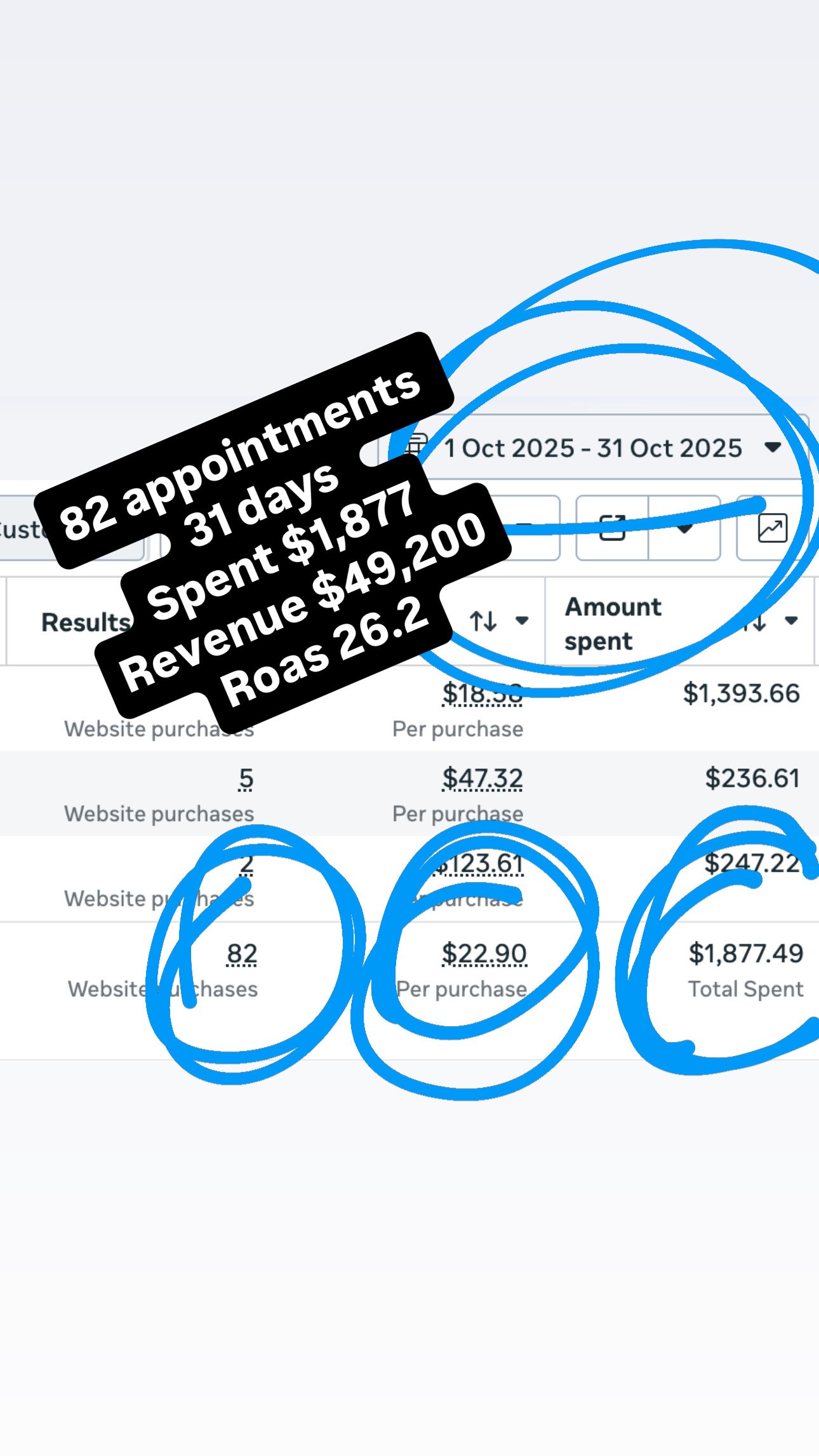 82 appointments in 31 days — $22.90 cost per booking, $49,200 revenue, 26.2 ROAS